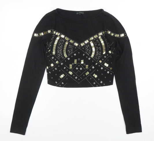 River Island Womens Black Embellished Cropped Long Sleeve Top Size 6