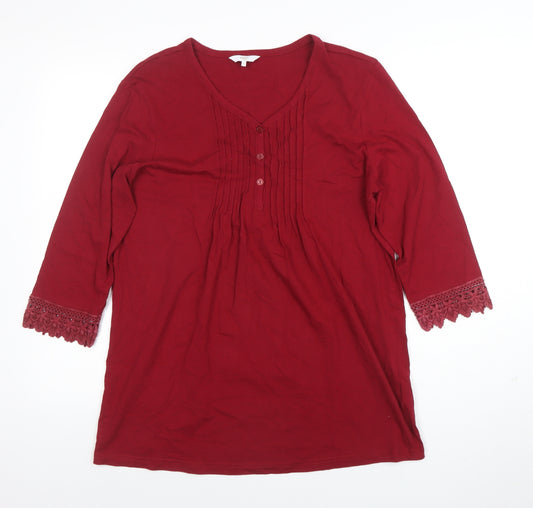 Cotton Traders Womens Red Size 16 Tunic Blouse 3/4 Sleeve V-Neck