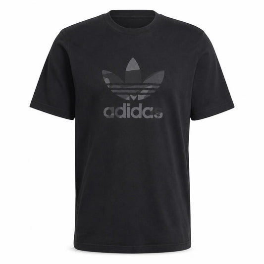 Front view of adidas men’s black short sleeve cotton graphic t-shirt, size M
