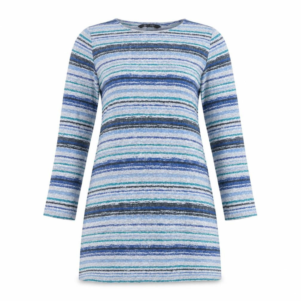 Front view of Bonmarché Women's Blue Striped Shift Dress, size 12, Long Sleeve