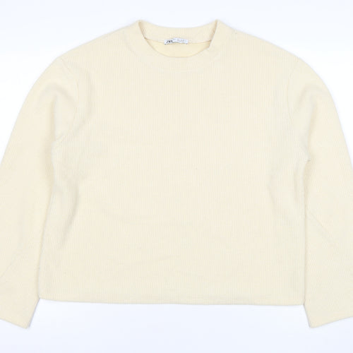 ZARA Womens Beige Ribbed Pullover Sweatshirt Size M Classic Fit