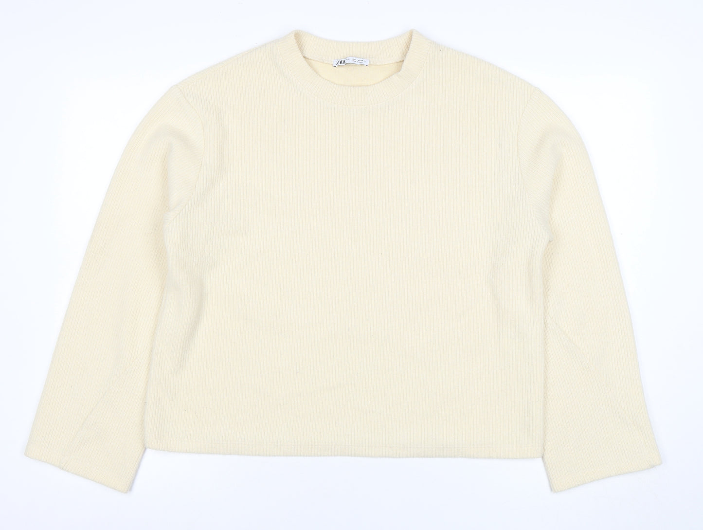 ZARA Womens Beige Ribbed Pullover Sweatshirt Size M Classic Fit