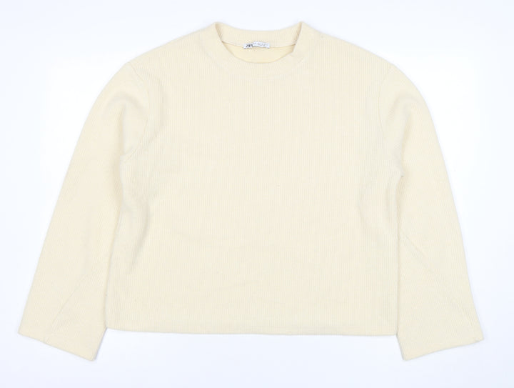ZARA Womens Beige Ribbed Pullover Sweatshirt Size M Classic Fit