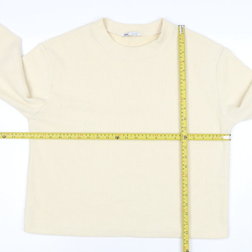 ZARA Womens Beige Ribbed Pullover Sweatshirt Size M Classic Fit