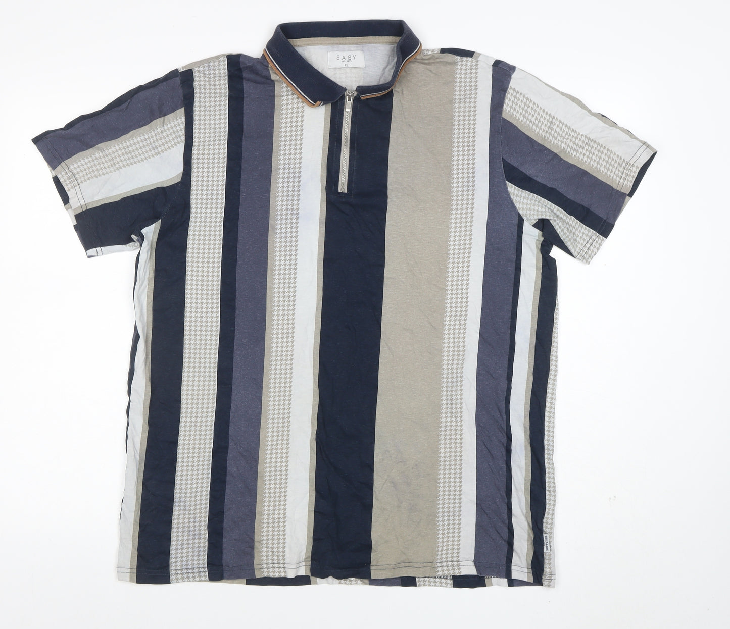 EASY Men's Multicoloured Striped 1/4 Zip Cotton Polo Shirt XL