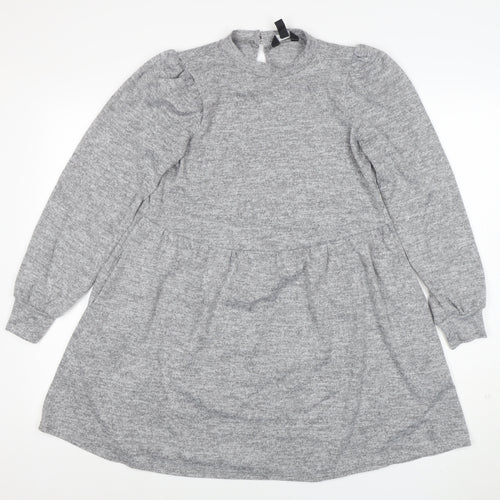 New Look Women Grey Size 10 Knit Long Sleeve Skater Dress