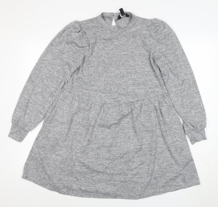 New Look Women Grey Size 10 Knit Long Sleeve Skater Dress