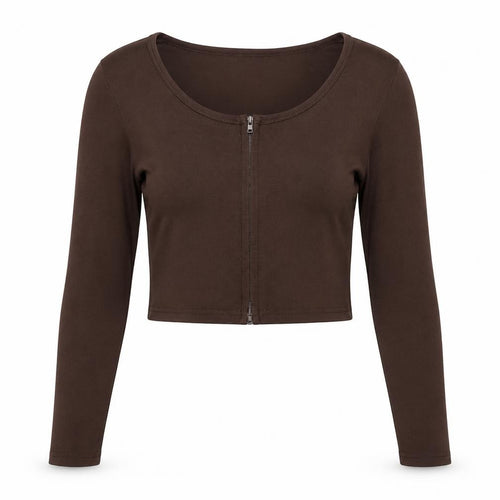 MISSPAP Women’s Brown Cropped Long Sleeve Zip Top Size L