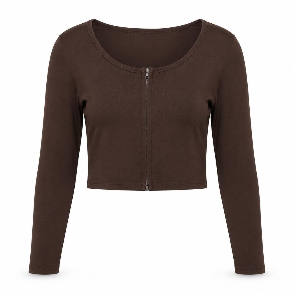 MISSPAP Women’s Brown Cropped Long Sleeve Zip Top Size L