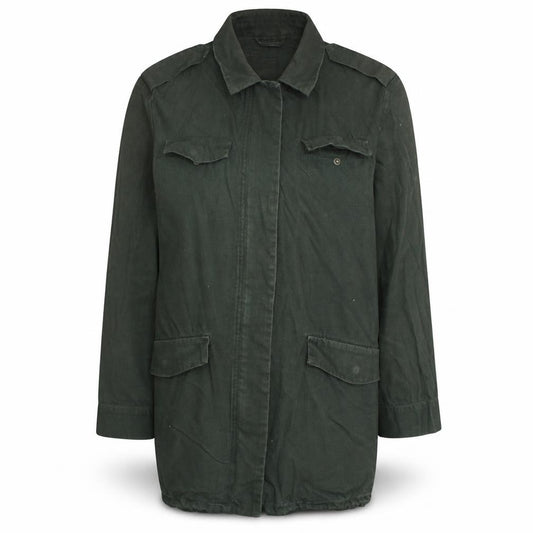 Front view of H&M Women's Green Military Jacket, size 12, Cotton Long Casual Style