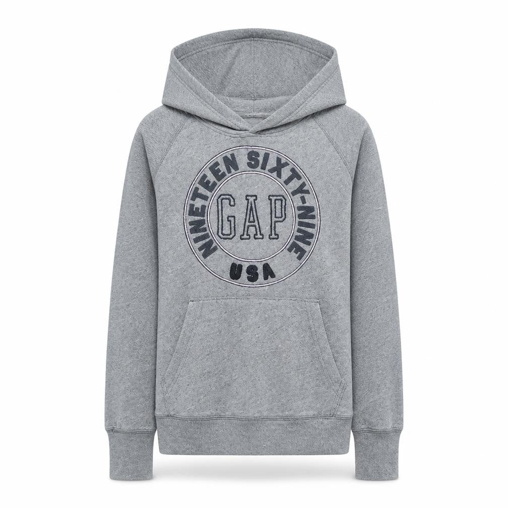Front view of Gap women’s grey medium pullover hoodie with logo print