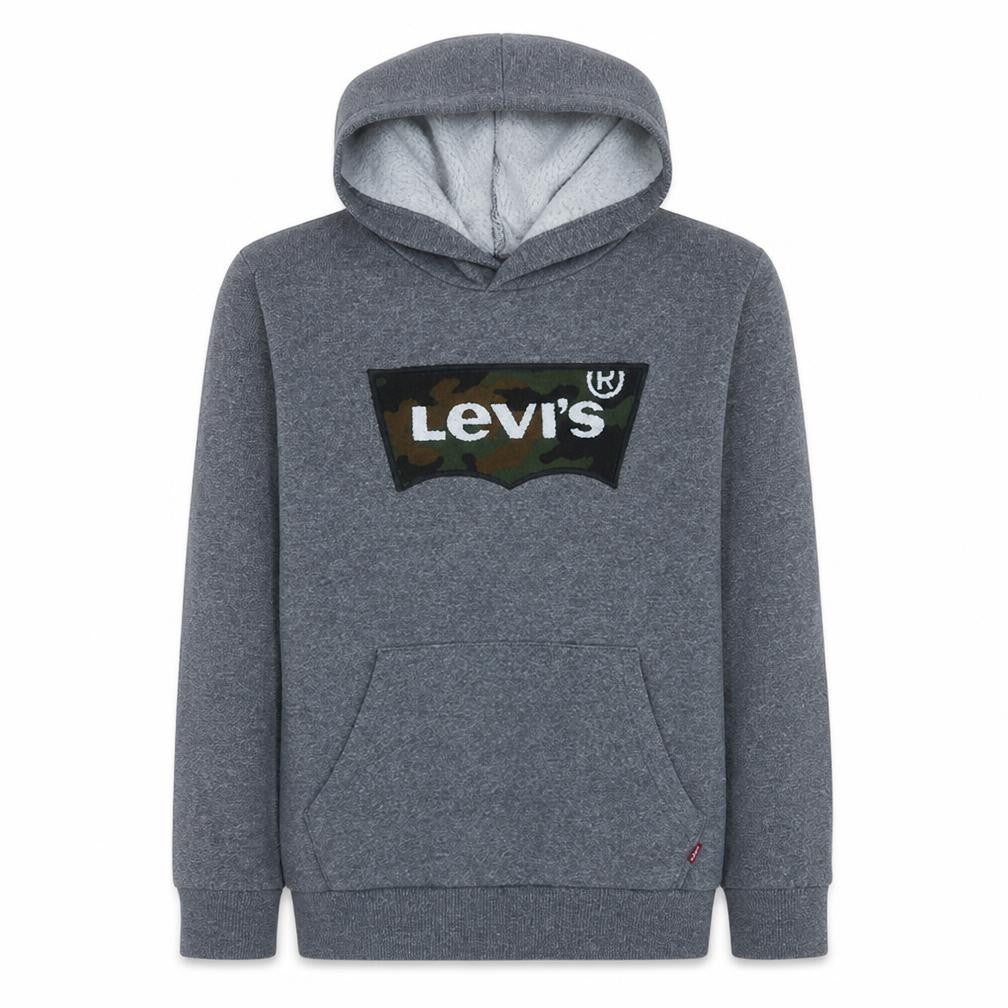 Front view of Levi's boys’ grey pullover hoodie 16 years camo logo fleece sweatshirt