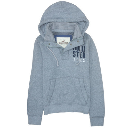 Hollister Men Grey Henley Hoodie L Fleece Logo Pullover Excellent