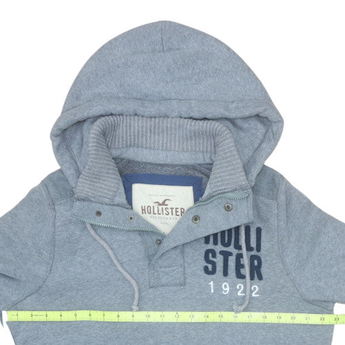 Hollister Men Grey Henley Hoodie L Fleece Logo Pullover Excellent
