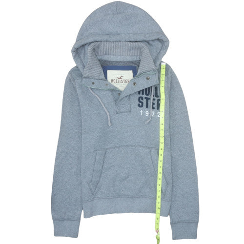 Hollister Men Grey Henley Hoodie L Fleece Logo Pullover Excellent