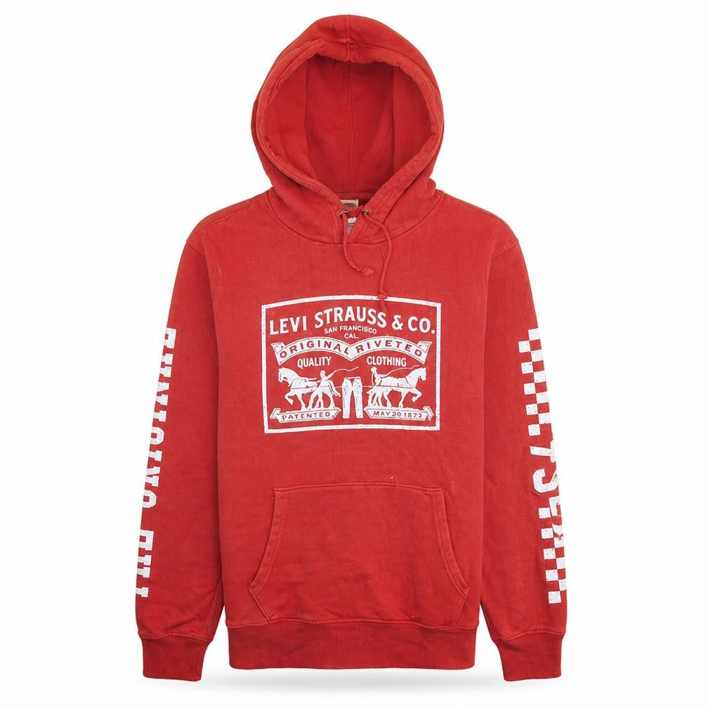 Front view of Levi's men’s red pullover hoodie medium logo fleece sweatshirt