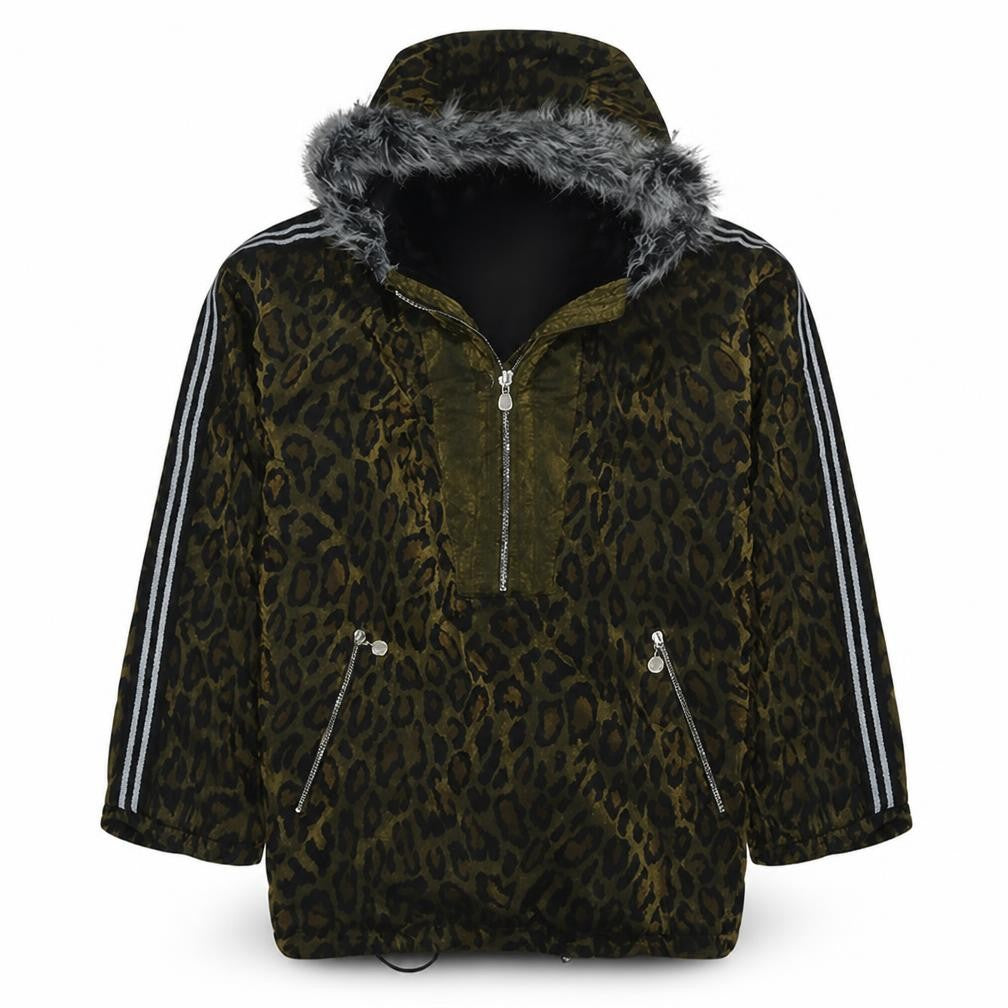 High Society Women Brown Leopard Faux Fur Hooded Anorak Jacket M