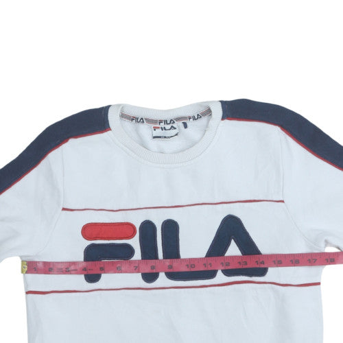 Fila Women White Sweatshirt UK 6 Crew Neck Cotton Blend Logo Sportswear
