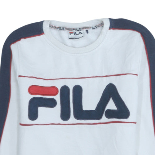 Fila Women White Sweatshirt UK 6 Crew Neck Cotton Blend Logo Sportswear