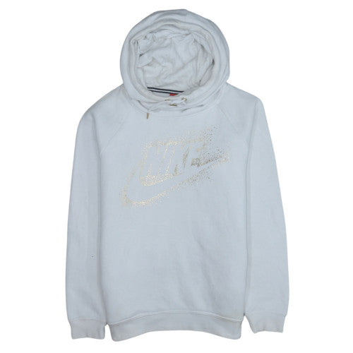 Nike Womens White Hoodie Medium Gold Logo Pullover Sweatshirt