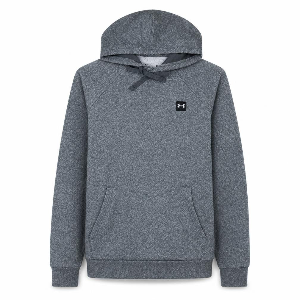 Front view of Under Armour Men's Grey Pullover Hoodie, size M, Relaxed Fit Fleece