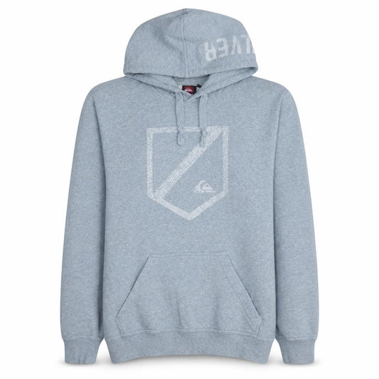 Front view of Quiksilver men’s grey pullover hoodie medium logo fleece sweatshirt