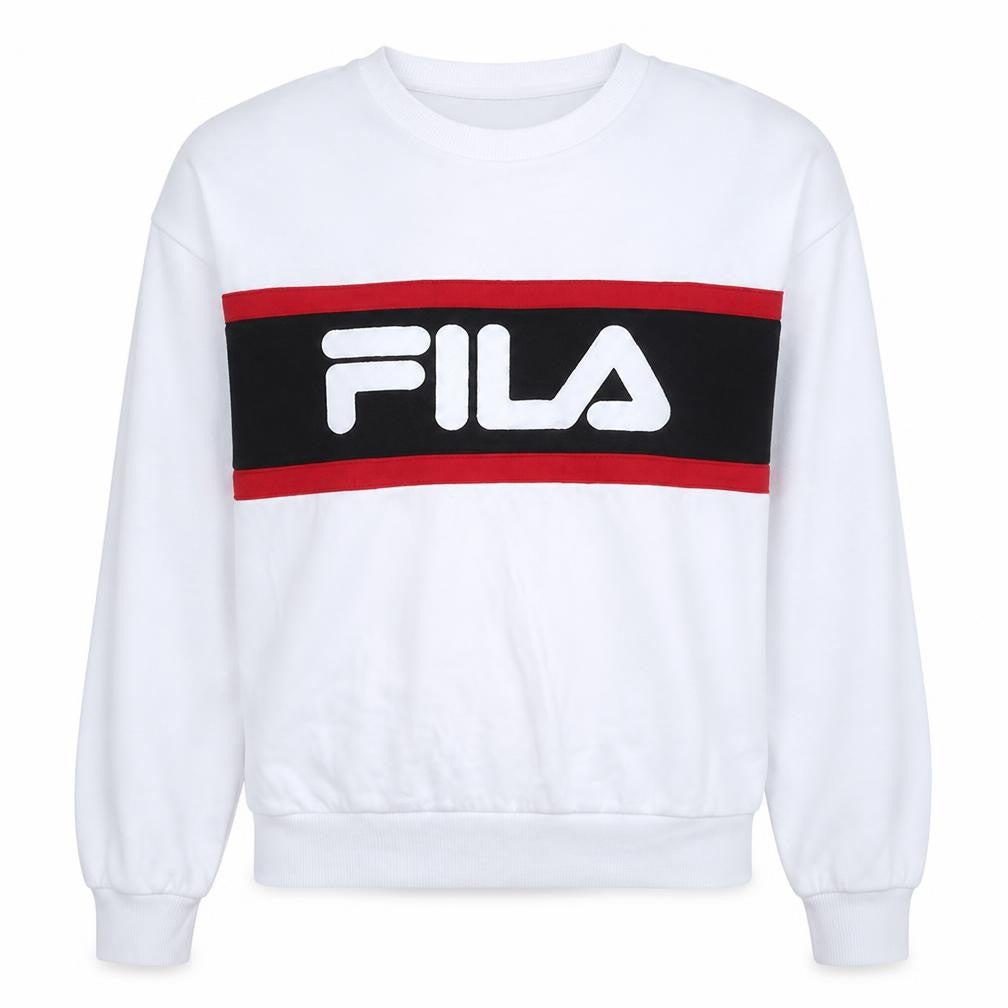 Front view of Fila women’s white crew neck pullover sweatshirt, size M