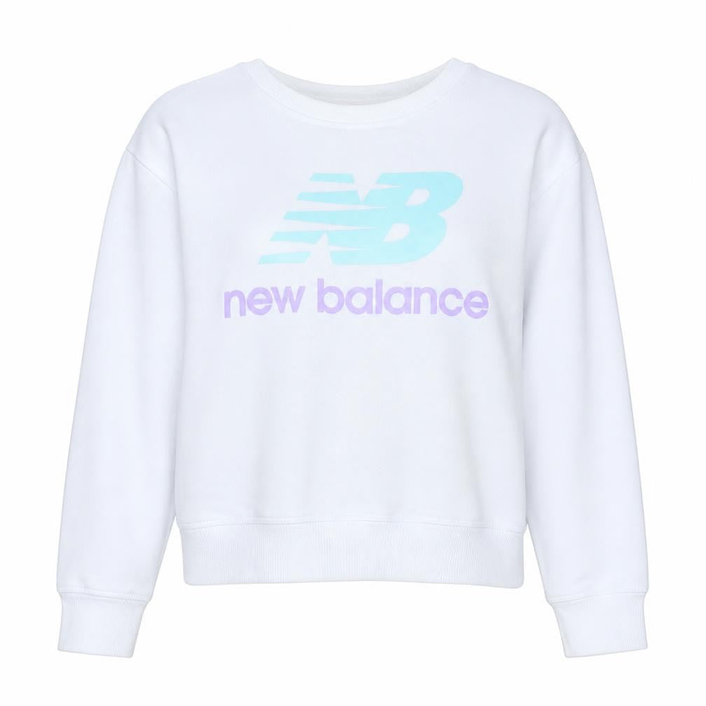 Front view of New Balance women’s white pullover sweatshirt large logo crew neck