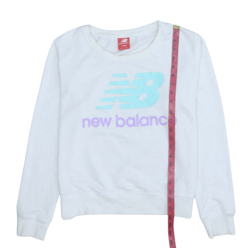 New Balance Womens White Pullover Sweatshirt Large Logo Crew Neck