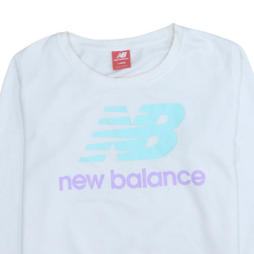 New Balance Womens White Pullover Sweatshirt Large Logo Crew Neck