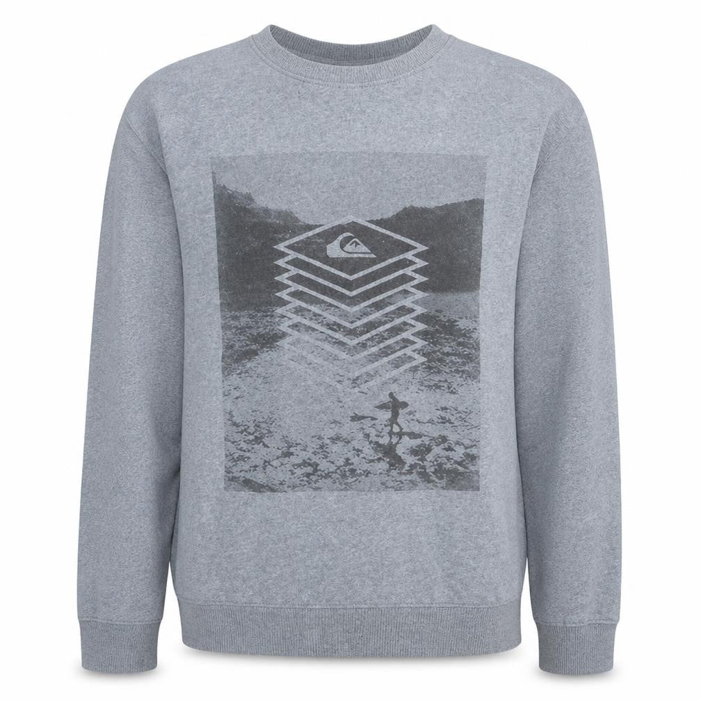 Front view of Quiksilver men’s grey crew neck graphic pullover sweatshirt m