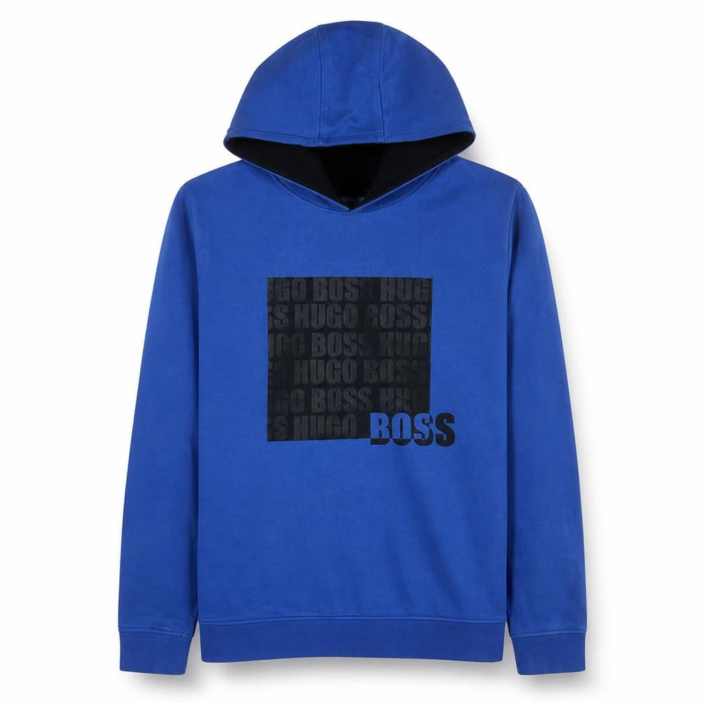 Front view of Hugo Boss boys’ blue pullover hoodie 16 years logo print regular fit