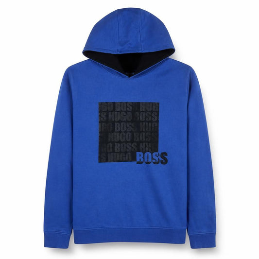 Front view of Hugo Boss boys’ blue pullover hoodie 16 years logo print regular fit