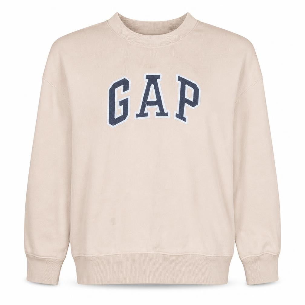 Front view of Gap women’s beige crew neck logo sweatshirt, size M