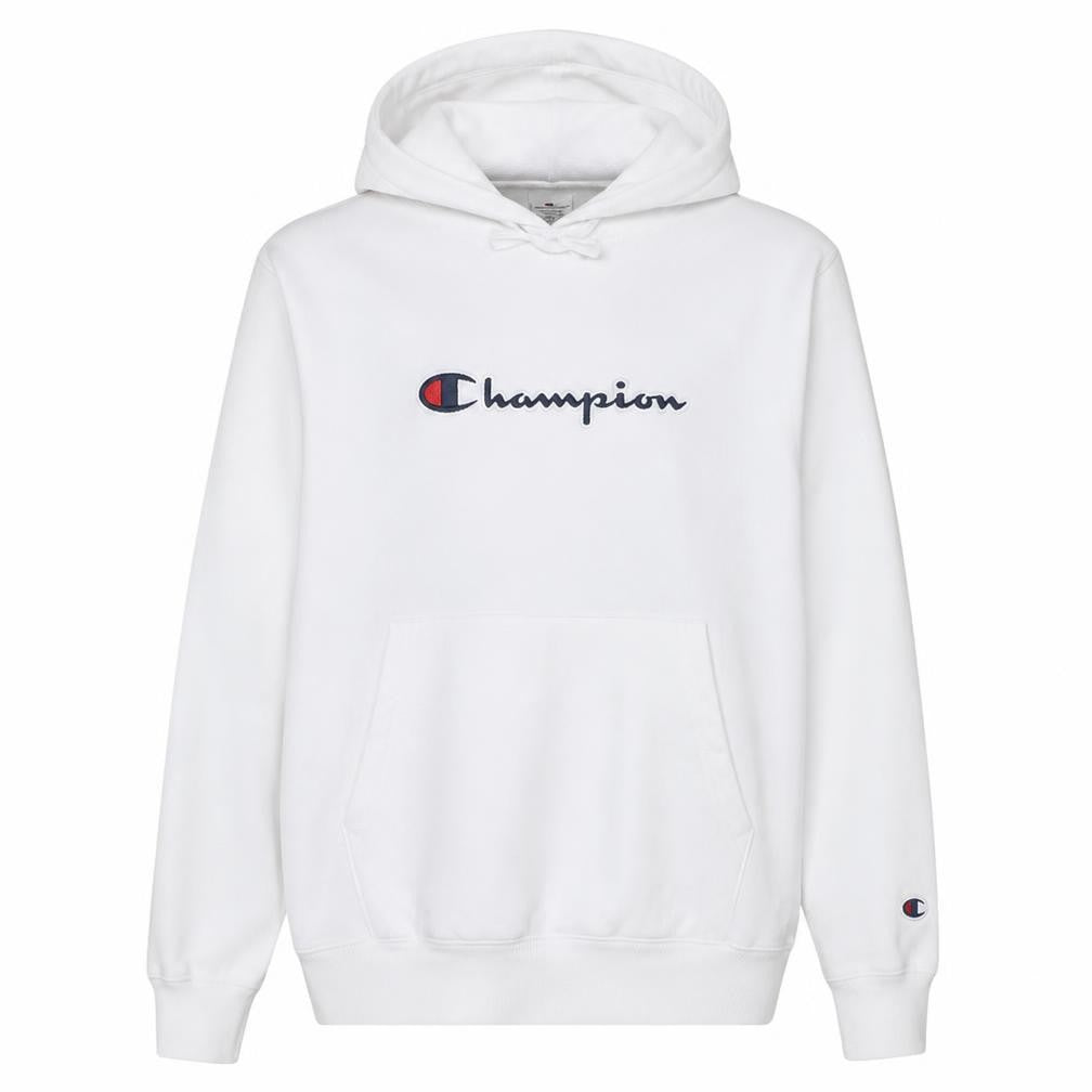 Front view of Champion women’s white xl pullover hoodie with logo