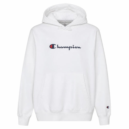 Front view of Champion women’s white xl pullover hoodie with logo