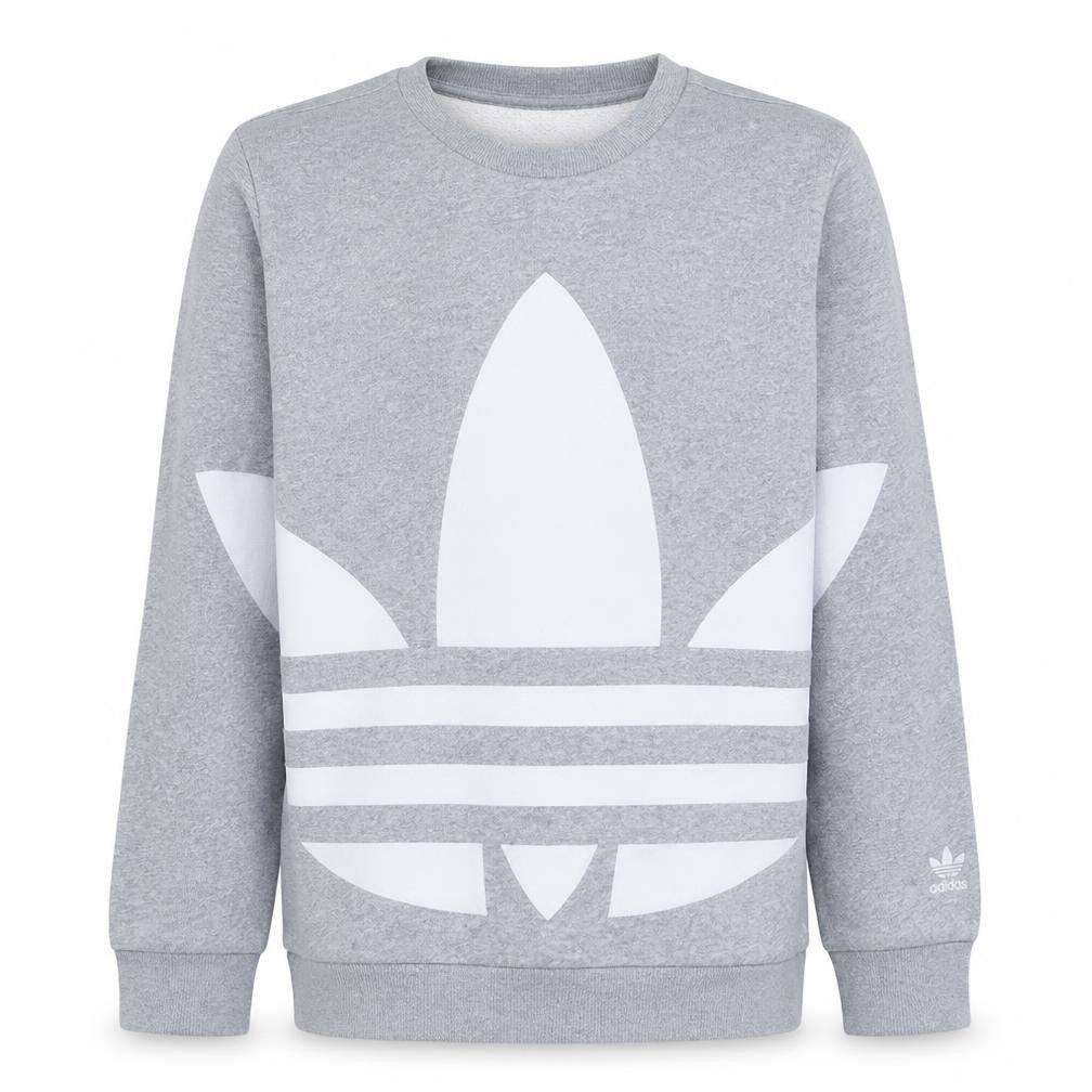 Front view of Adidas boys’ grey crew neck pullover sweatshirt 12-13 years classic logo