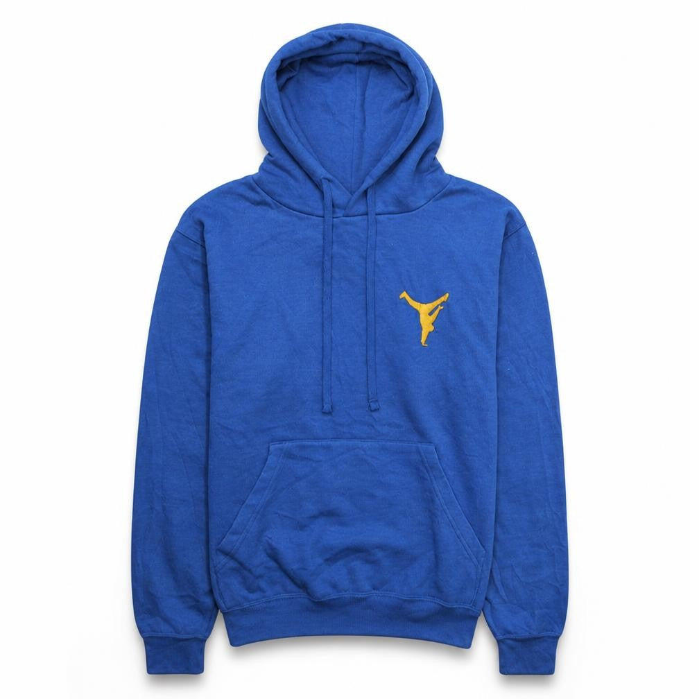 Front view of Russell men’s blue pullover hoodie small sports graphic print