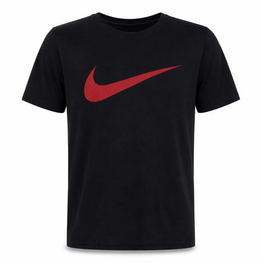 Front view of Nike Men's Black Red Swoosh Athletic Cut Cotton T-Shirt, size S