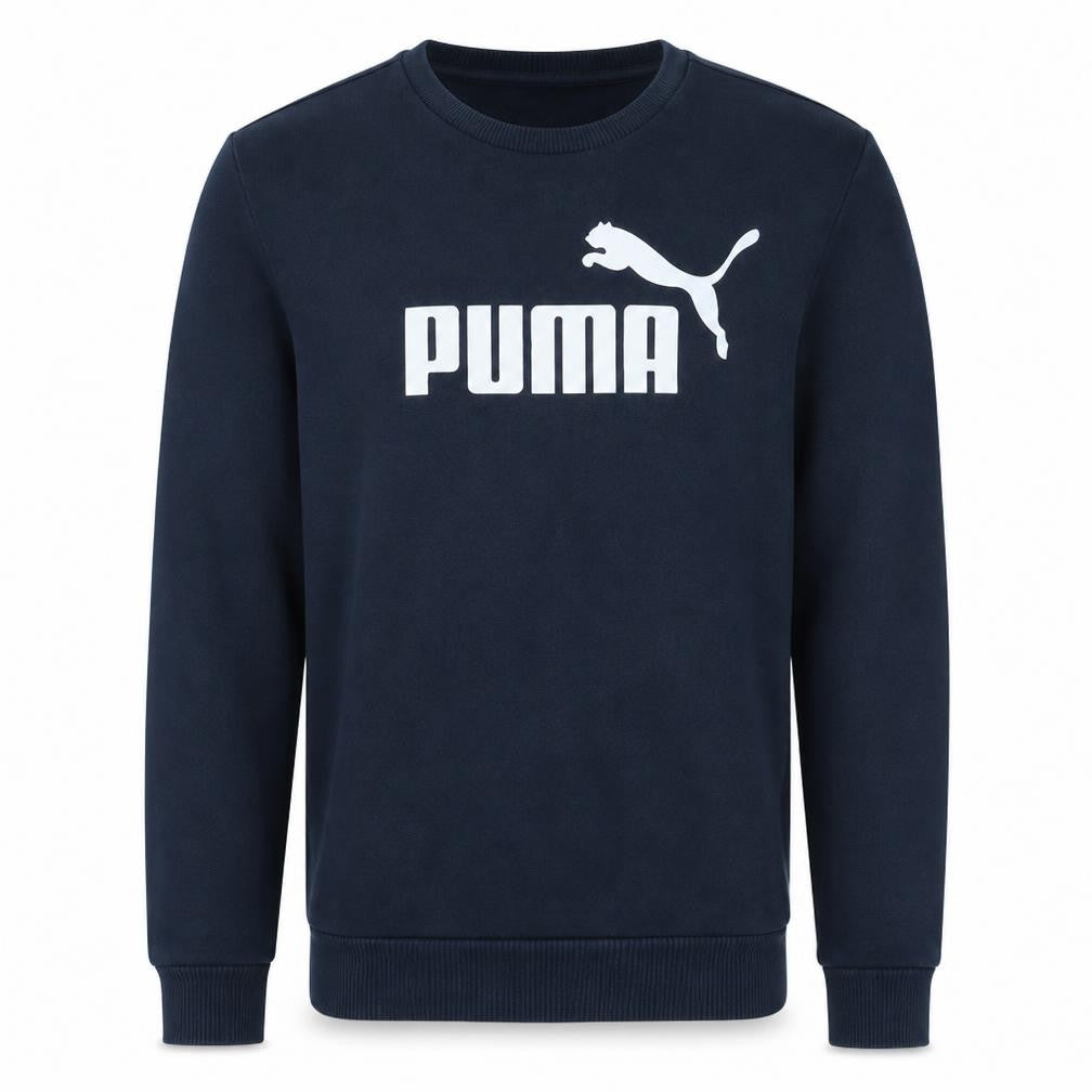 Front view of Puma men’s blue crew neck logo pullover sweatshirt, size M