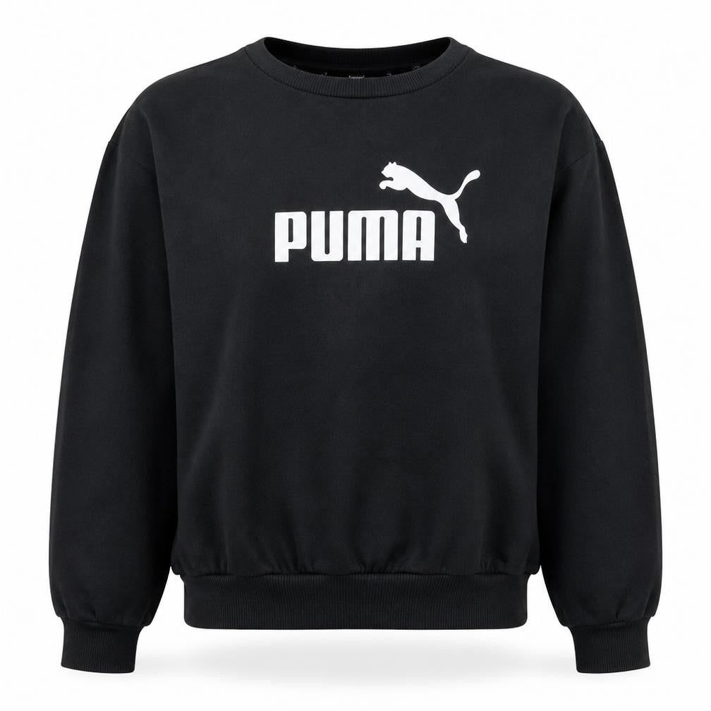 Front view of Puma women’s black medium pullover sweatshirt crew neck logo classic
