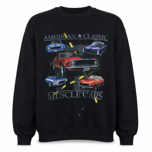 Front view of Jerzees Men's Black American Classic Muscle Cars Graphic Sweatshirt L