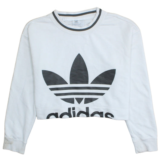 Adidas Women White Crop Sweatshirt UK 10 Crew Neck Long Sleeve Logo