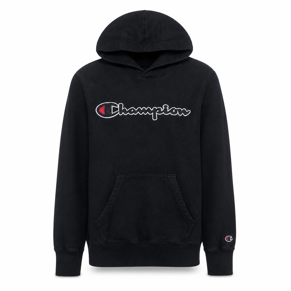 Front view of Champion Men's Black Pullover Hoodie Small Logo Fleece Sweatshirt