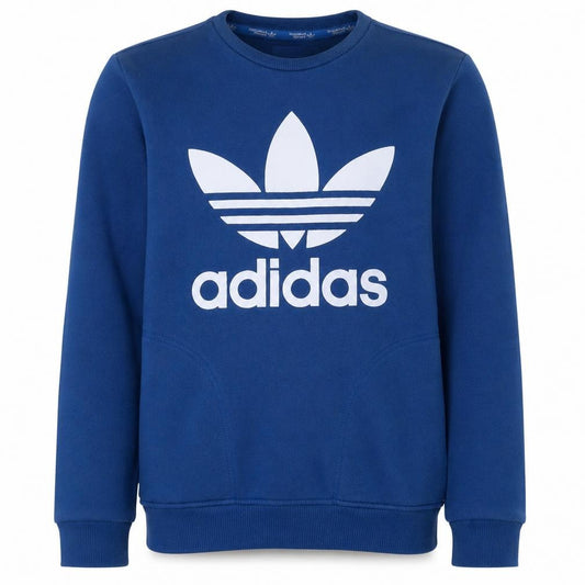Front view of Adidas men’s blue crew neck logo pullover sweatshirt, size S