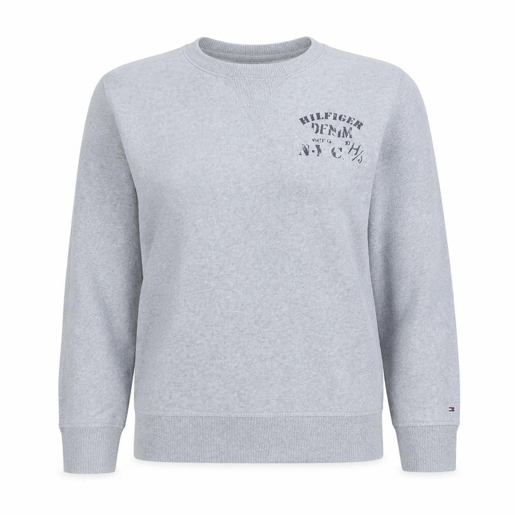 Front view of Tommy Hilfiger Women Grey Cotton Crew Neck Pullover Sweatshirt, size 14