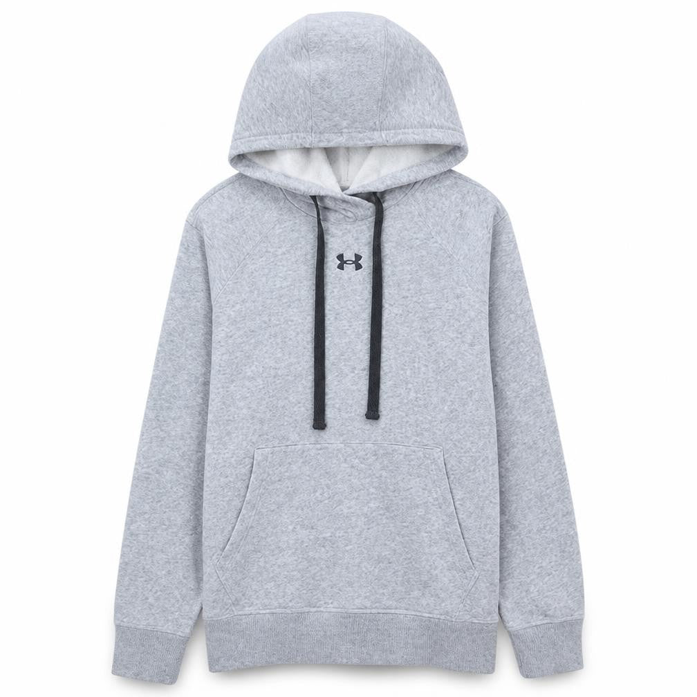 Front view of Under Armour Men's Grey Pullover Hoodie, size S, Relaxed Fit Fleece
