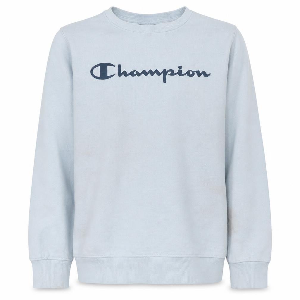 Front view of Champion boys’ light blue crew neck logo sweatshirt, size 11-12, years