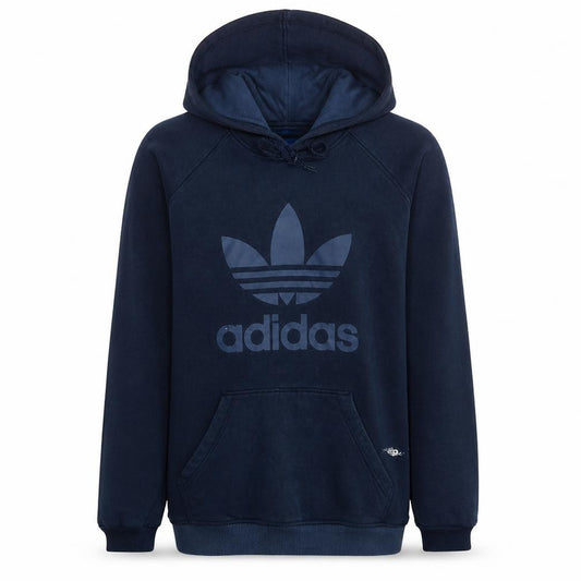 Front view of Adidas Men's Navy Blue Pullover Hoodie, size L, Trefoil Logo Sweatshirt