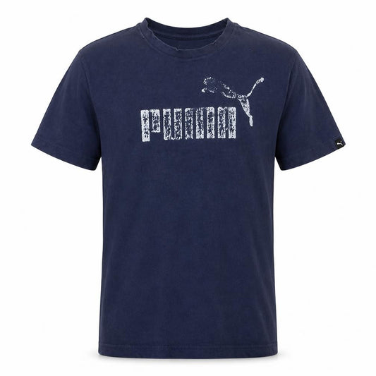Front view of Puma Men's Navy Blue Graphic Logo Crew Neck T-Shirt, size M